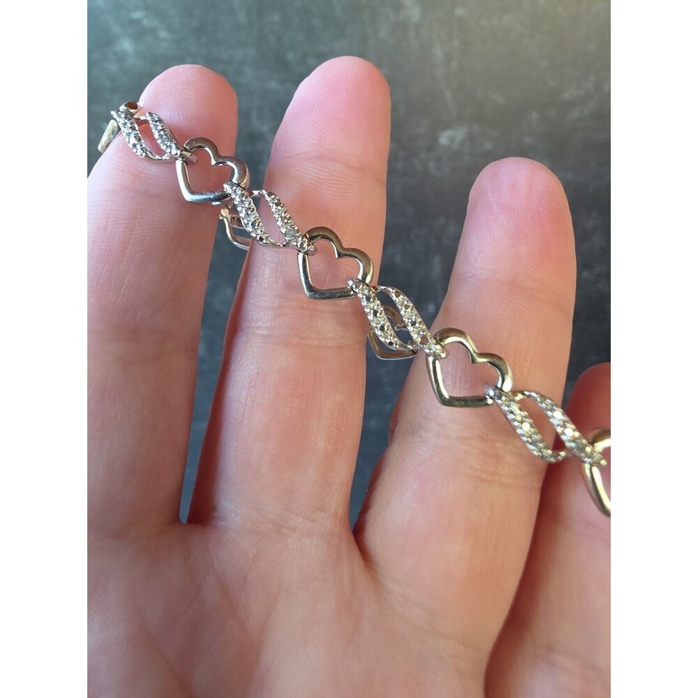 925 Sterling Silver Diamond Accent Heart Chain Bracelet Vintage Made In Thailand